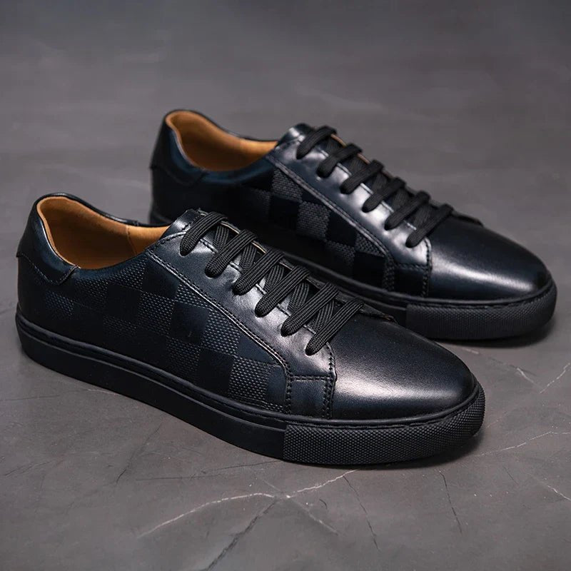 Men’s Leather Lace - Up Sneakers – Minimal Low - Top Trainers with Check Panel Detail