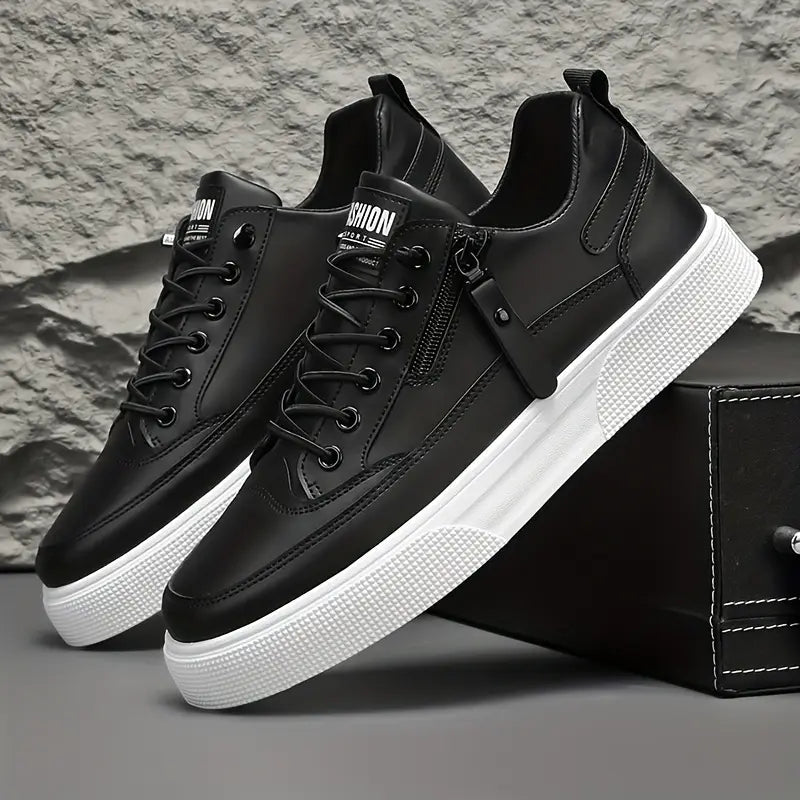 Men's Leather Platform Lace Up Sneakers with Side Zip