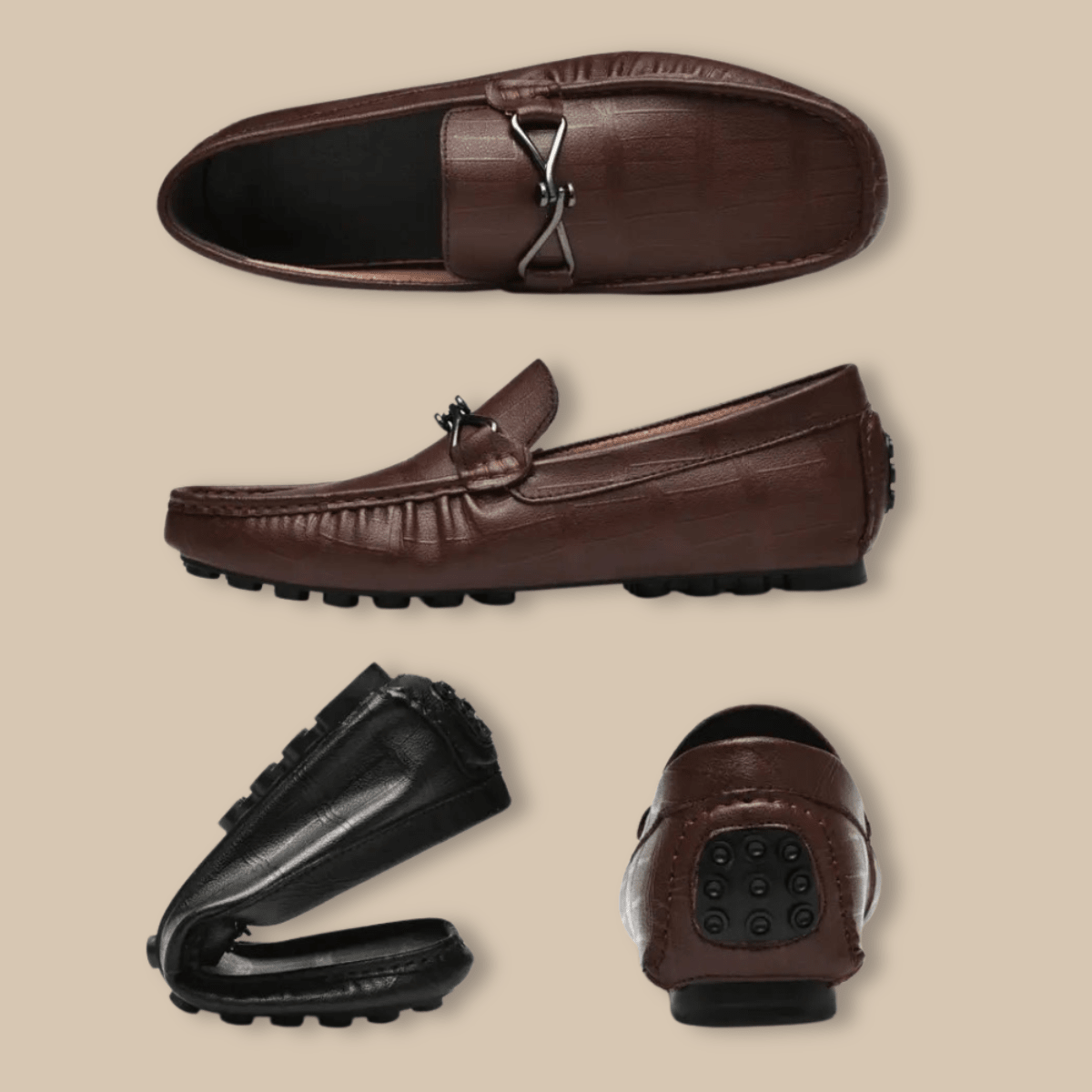 Men’s Leather Slip - On Driving Loafers with Metal Bit Detail and Elevated Sole