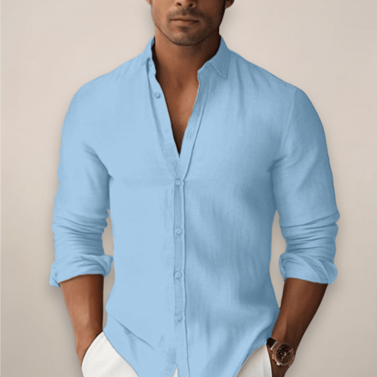 Men’s Lightweight Linen Button - Front Shirt with Open Neck and Long Sleeves