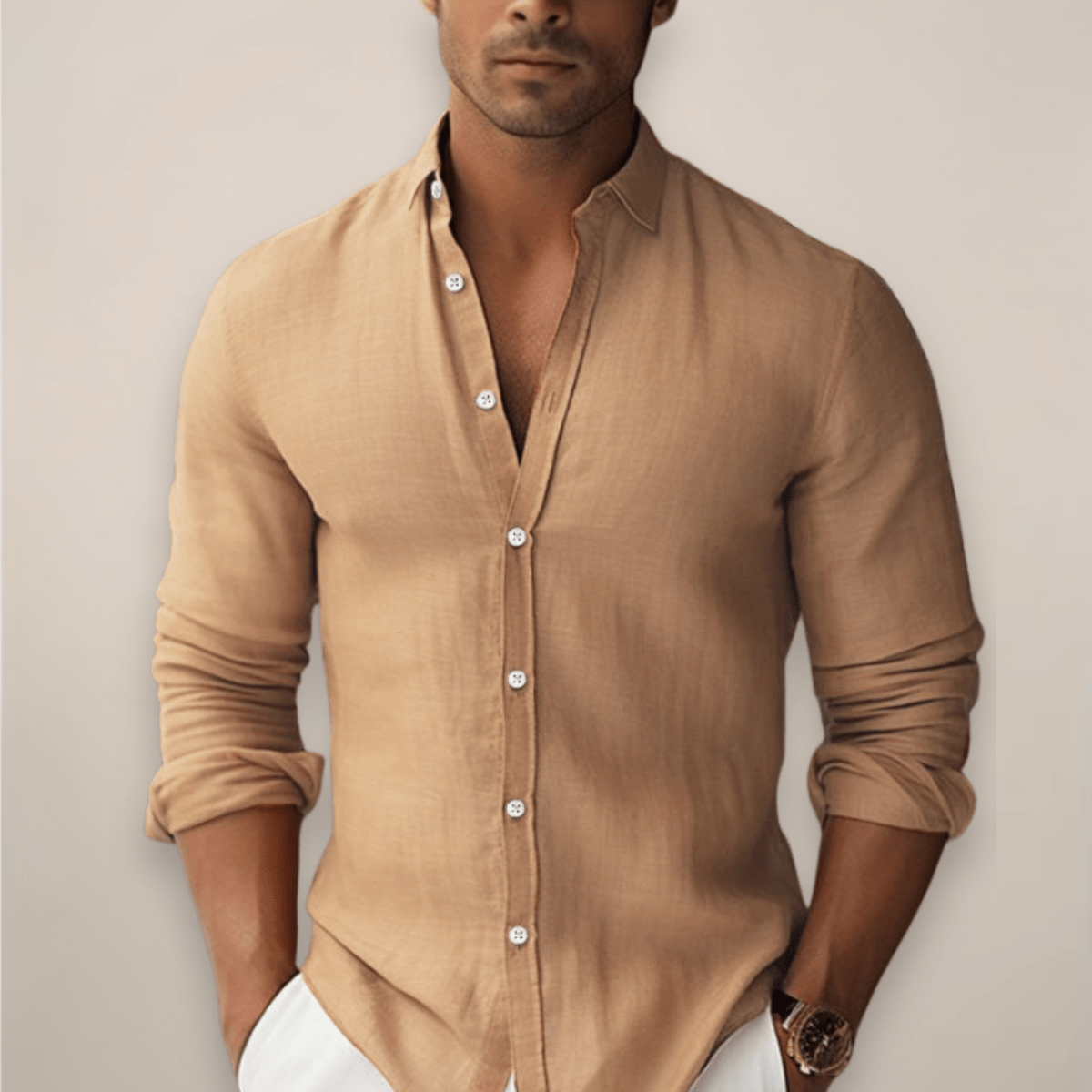 Men’s Lightweight Linen Button - Front Shirt with Open Neck and Long Sleeves