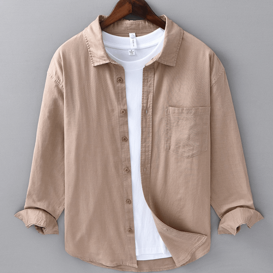 Men's Linen Long Sleeve Button - Up Shirt with Chest Pocket