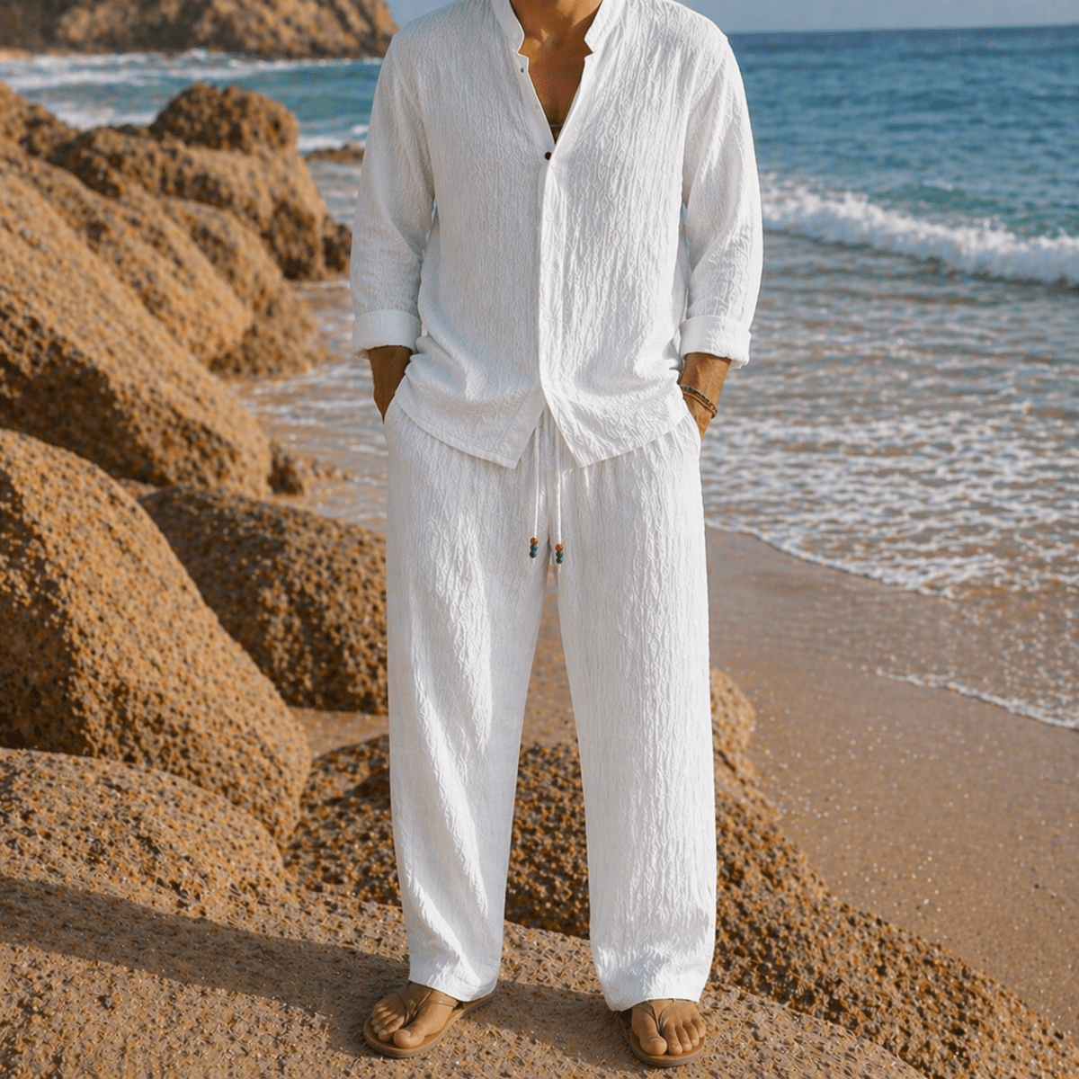 Men's Linen V - Neck Three - Quarter Sleeve Two Piece Set
