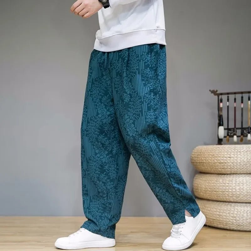 Men’s Linen Wide - Leg Pants with Drawstring Waist and Floral Pattern