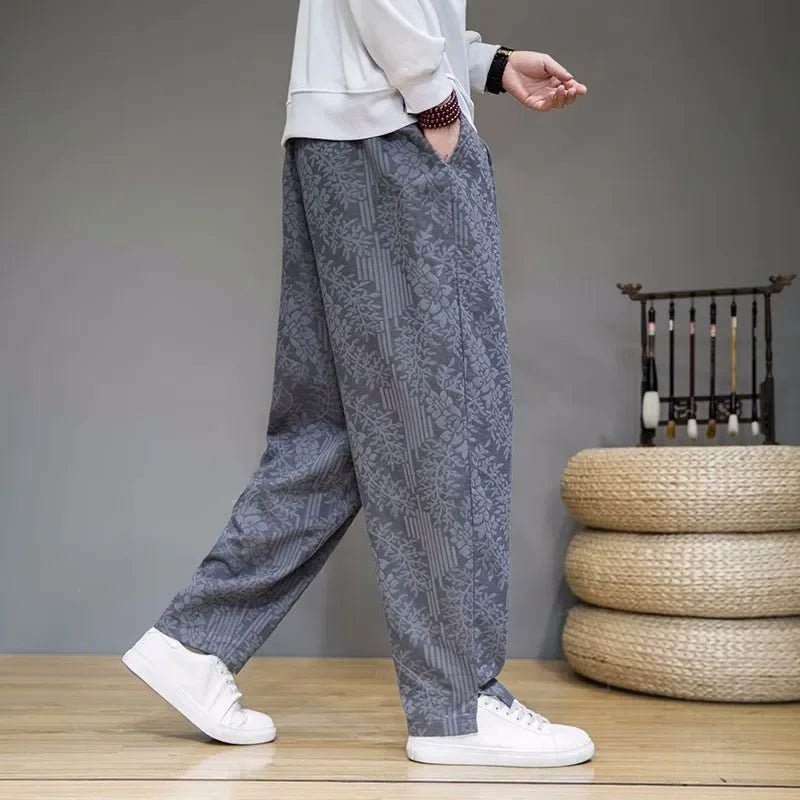 Men’s Linen Wide - Leg Pants with Drawstring Waist and Floral Pattern
