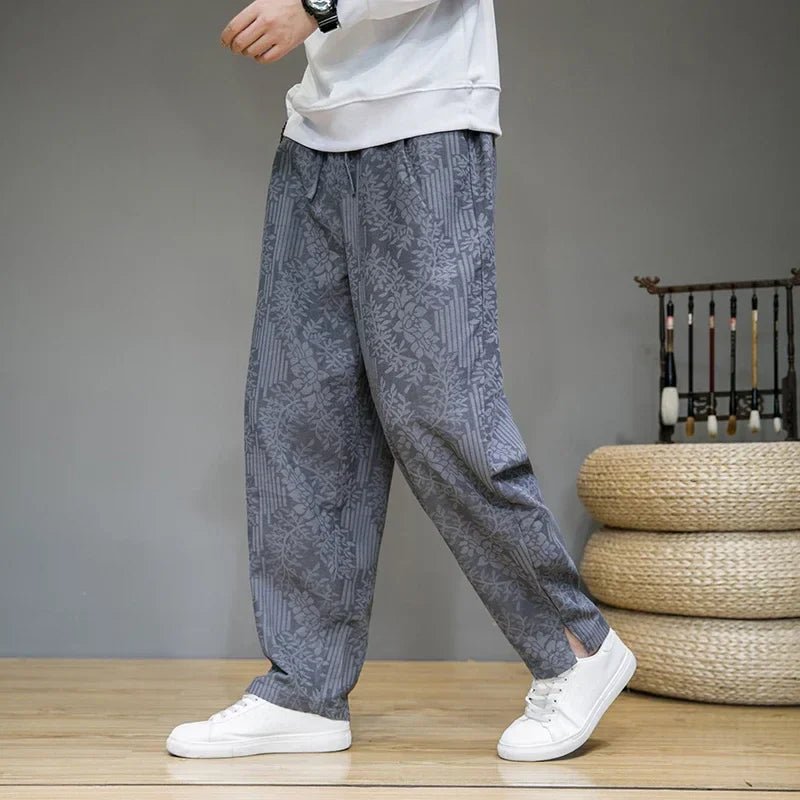Men’s Linen Wide - Leg Pants with Drawstring Waist and Floral Pattern