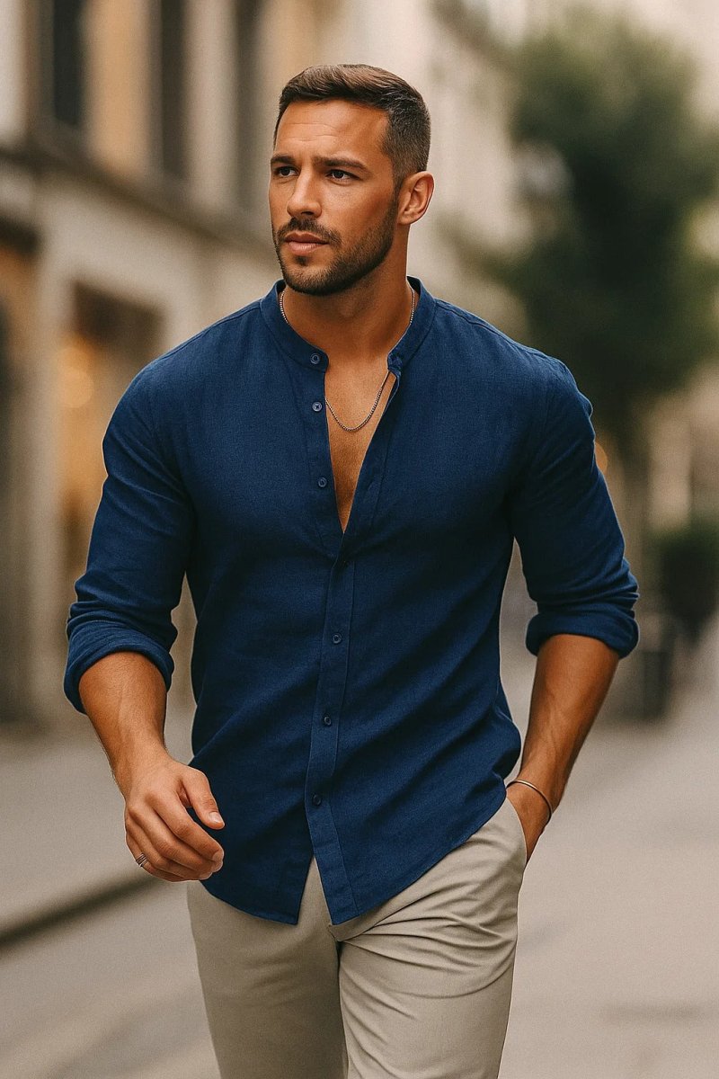 Men’s Long Sleeve Button - Up Shirt with Band Collar and Rolled Sleeves