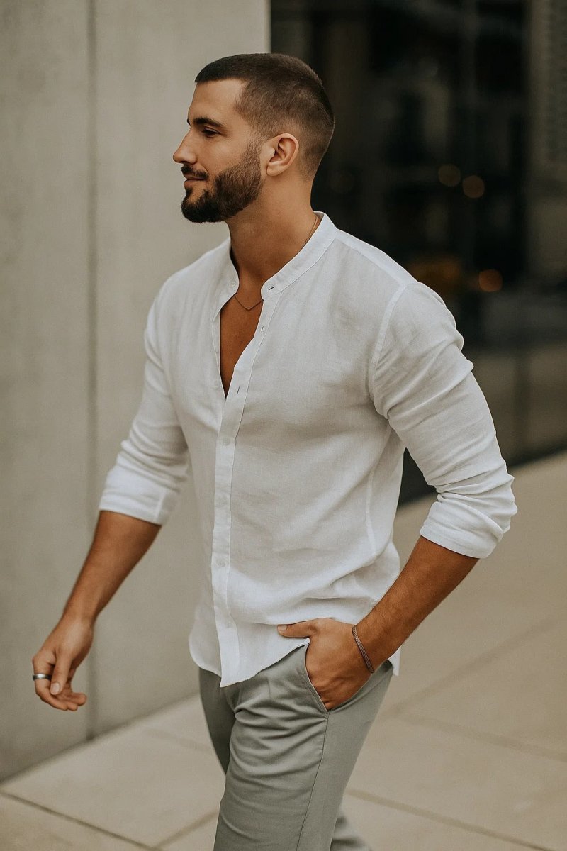 Men’s Long Sleeve Button - Up Shirt with Band Collar and Rolled Sleeves