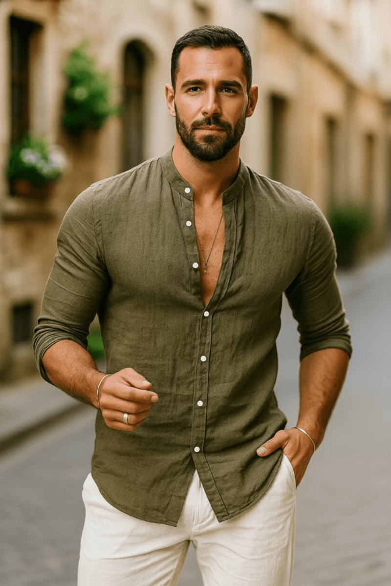 Men’s Long Sleeve Button - Up Shirt with Band Collar and Rolled Sleeves