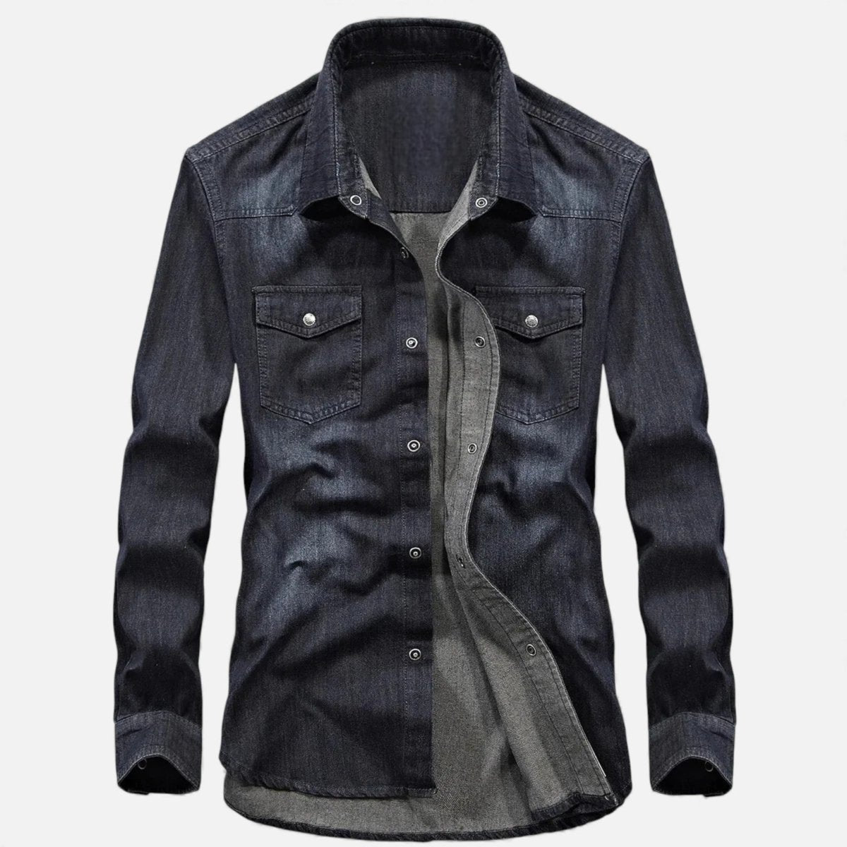Men’s Long Sleeve Denim Button - Up Shirt with Chest Pockets and Classic Collar