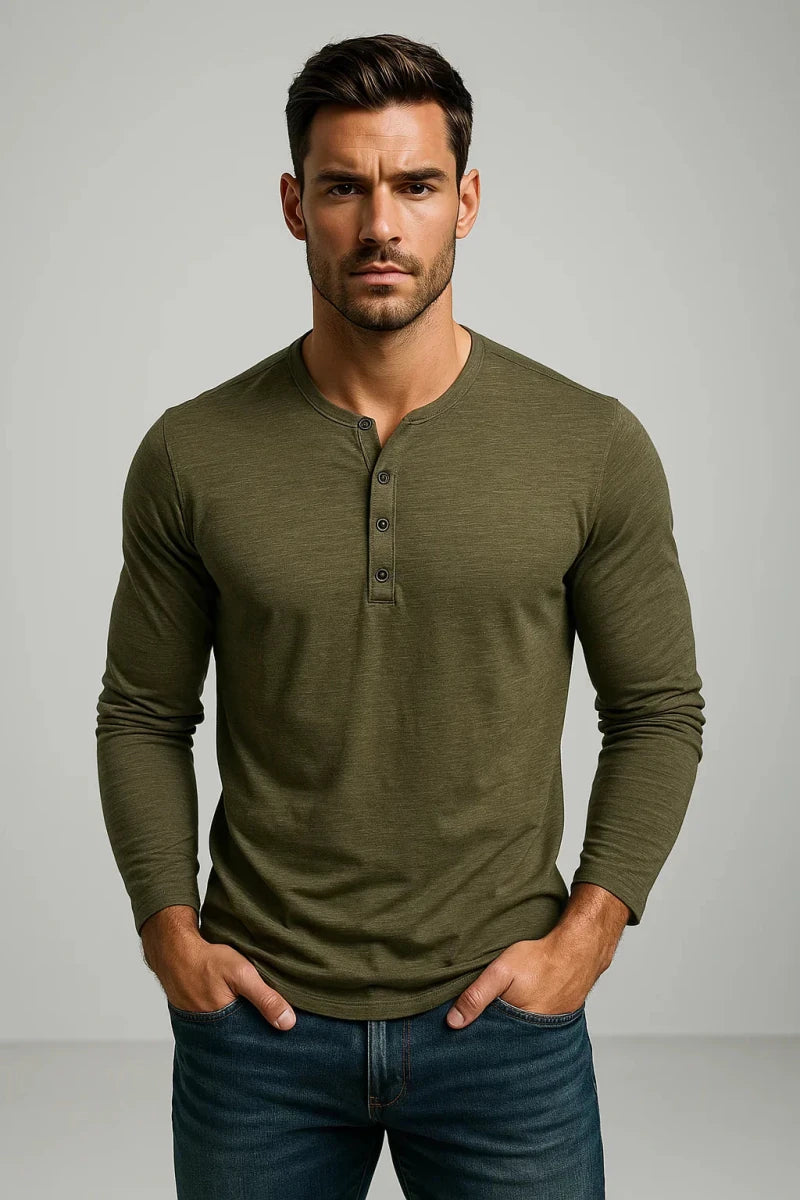 Men’s Long Sleeve Henley T-Shirt with Button Placket