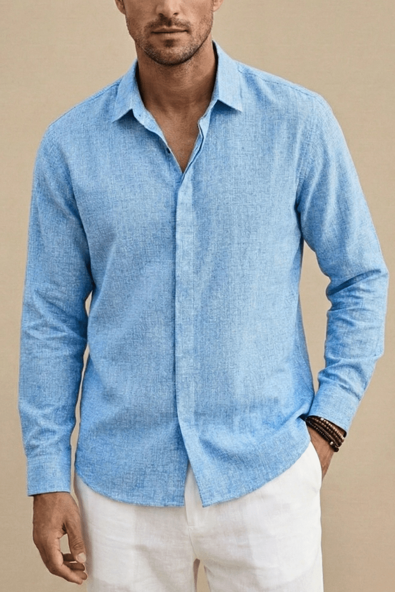Men’s Long Sleeve Linen Button - Up Shirt with Spread Collar