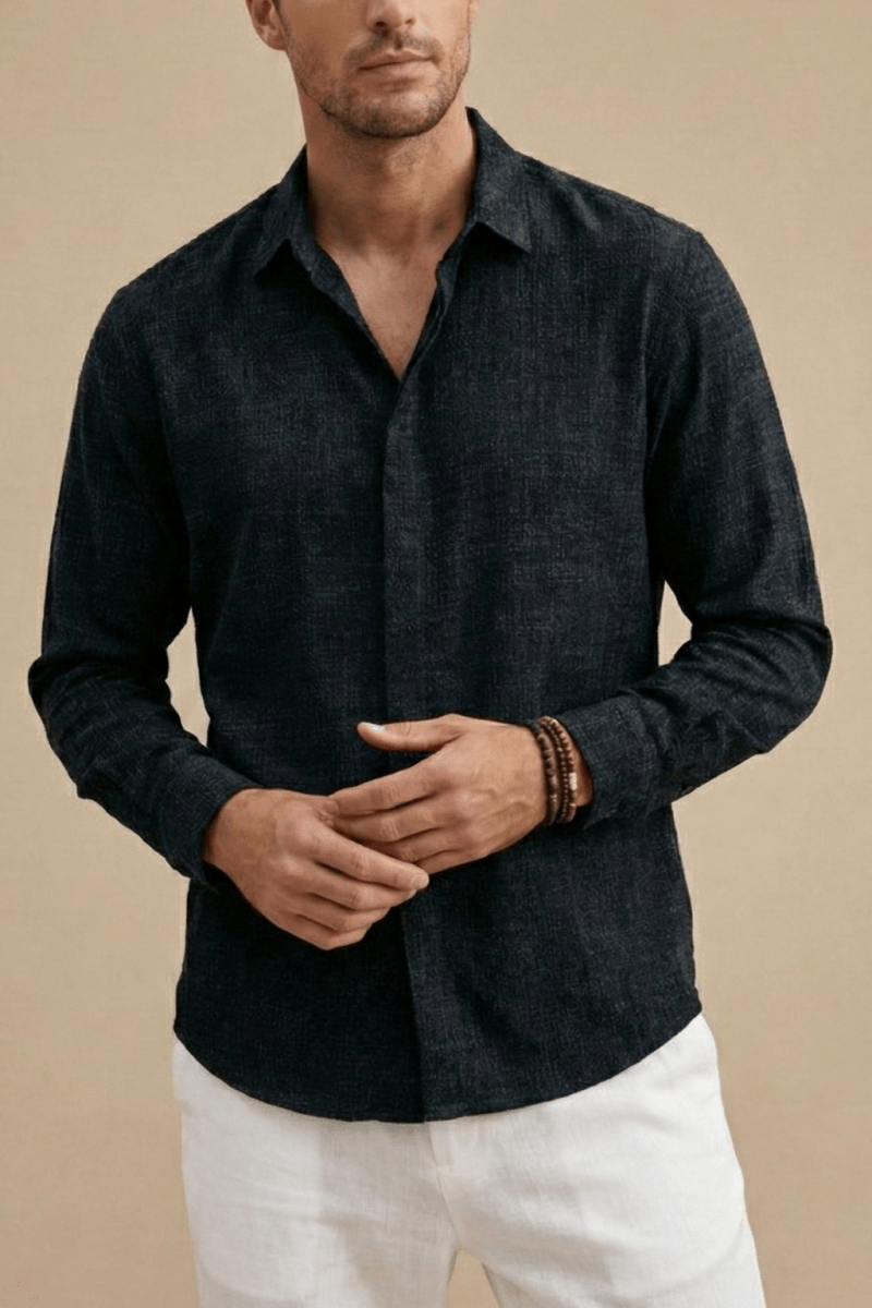 Men’s Long Sleeve Linen Button - Up Shirt with Spread Collar