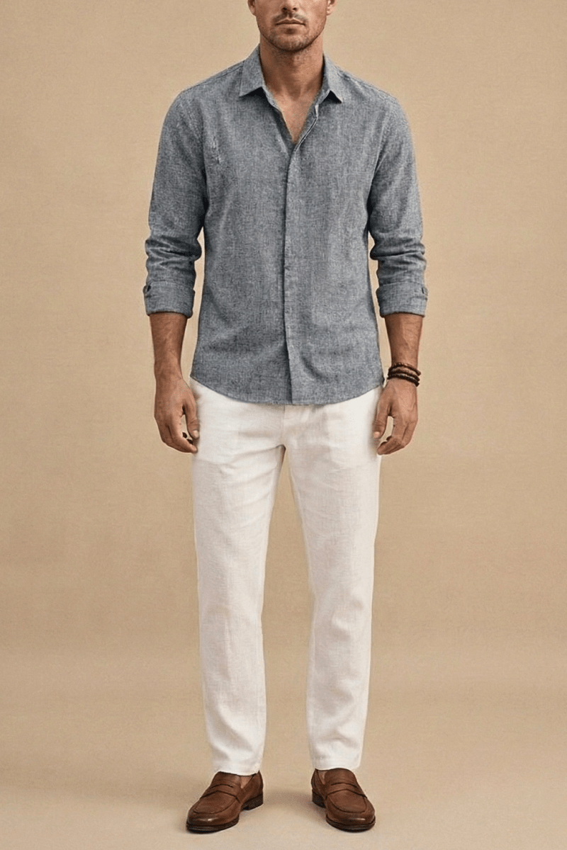 Men’s Long Sleeve Linen Button - Up Shirt with Spread Collar