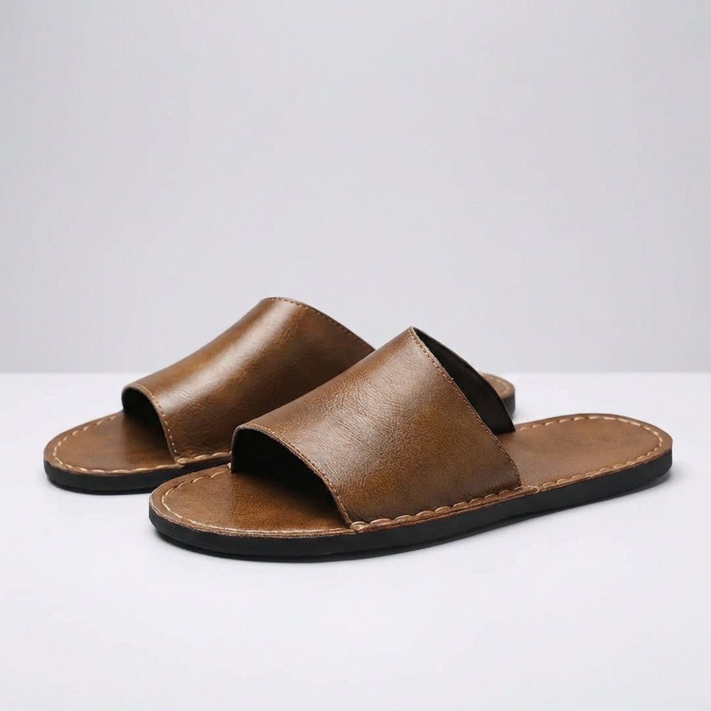 Men’s Minimalist Slip - On Slide Sandals with Contrast Stitch Detail - Faux Leather