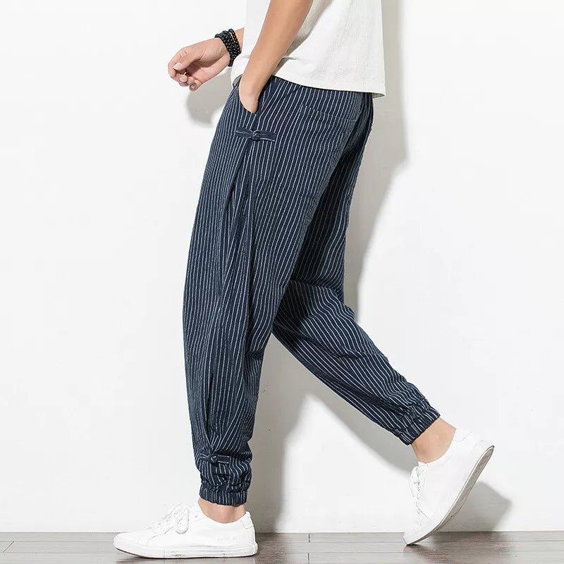 Men's Pinstripe Joggers with Drawstring Waist - Elastic Cuffs