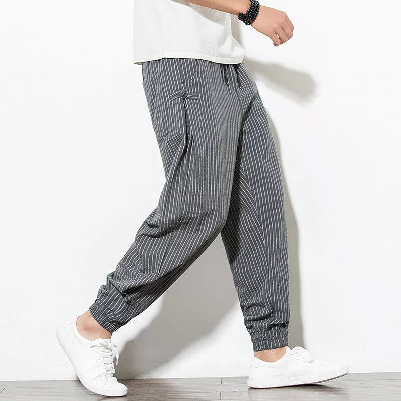 Men's Pinstripe Joggers with Drawstring Waist - Elastic Cuffs