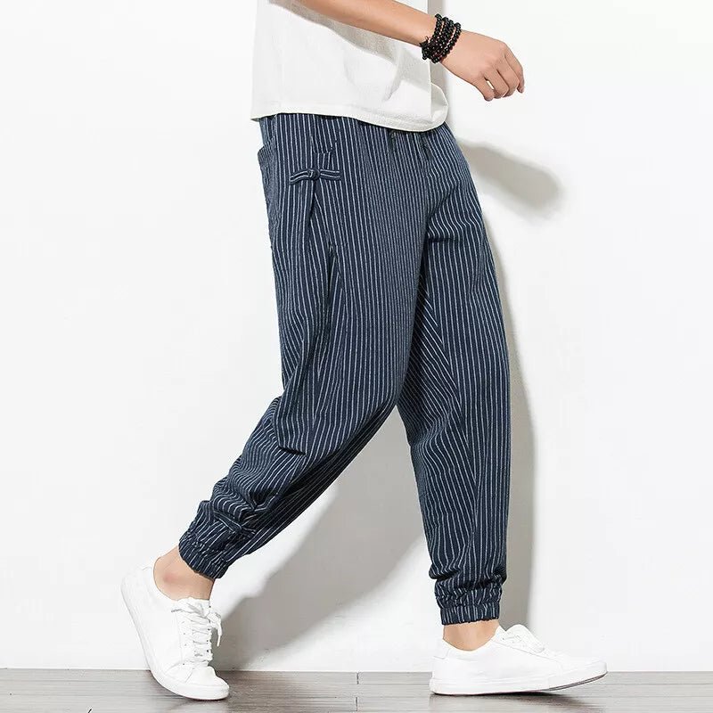 Men's Pinstripe Joggers with Drawstring Waist - Elastic Cuffs