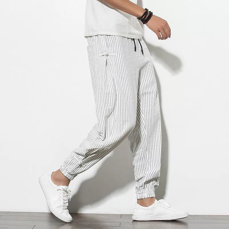 Men's Pinstripe Joggers with Drawstring Waist - Elastic Cuffs