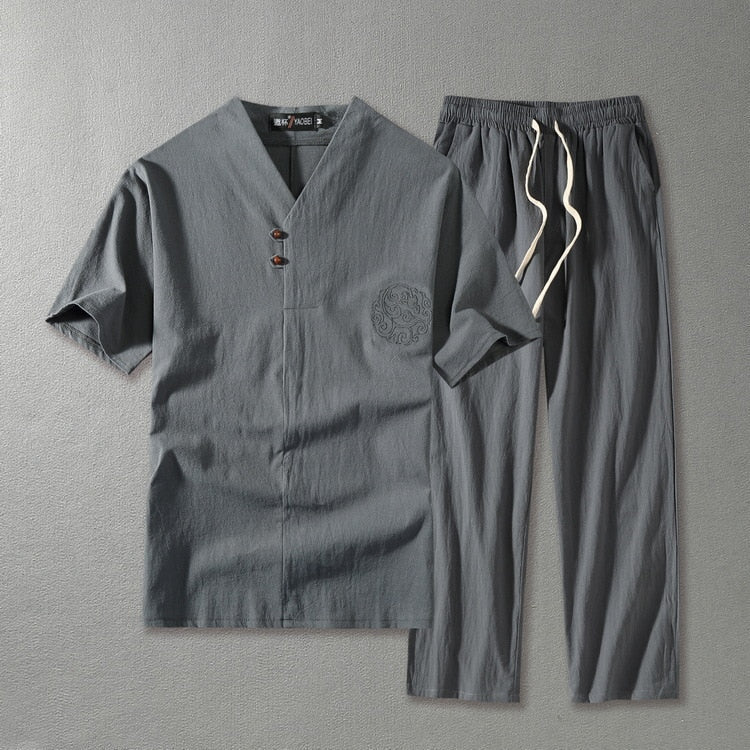 Men’s Relaxed Two - Piece Casual Set – Short Sleeve Shirt and Drawstring Trousers