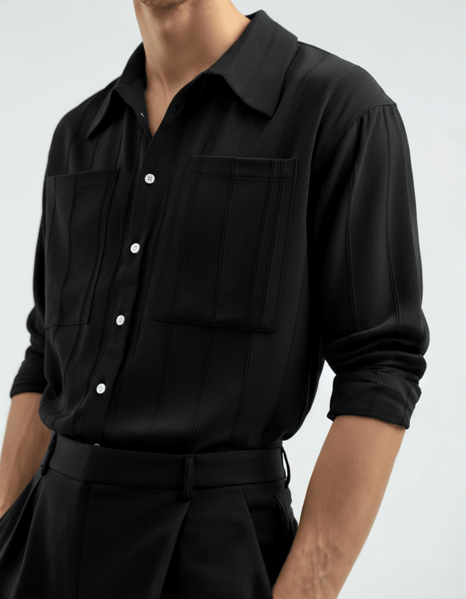 Men’s Ribbed Long Sleeve Button - Up Shirt with Chest Pockets