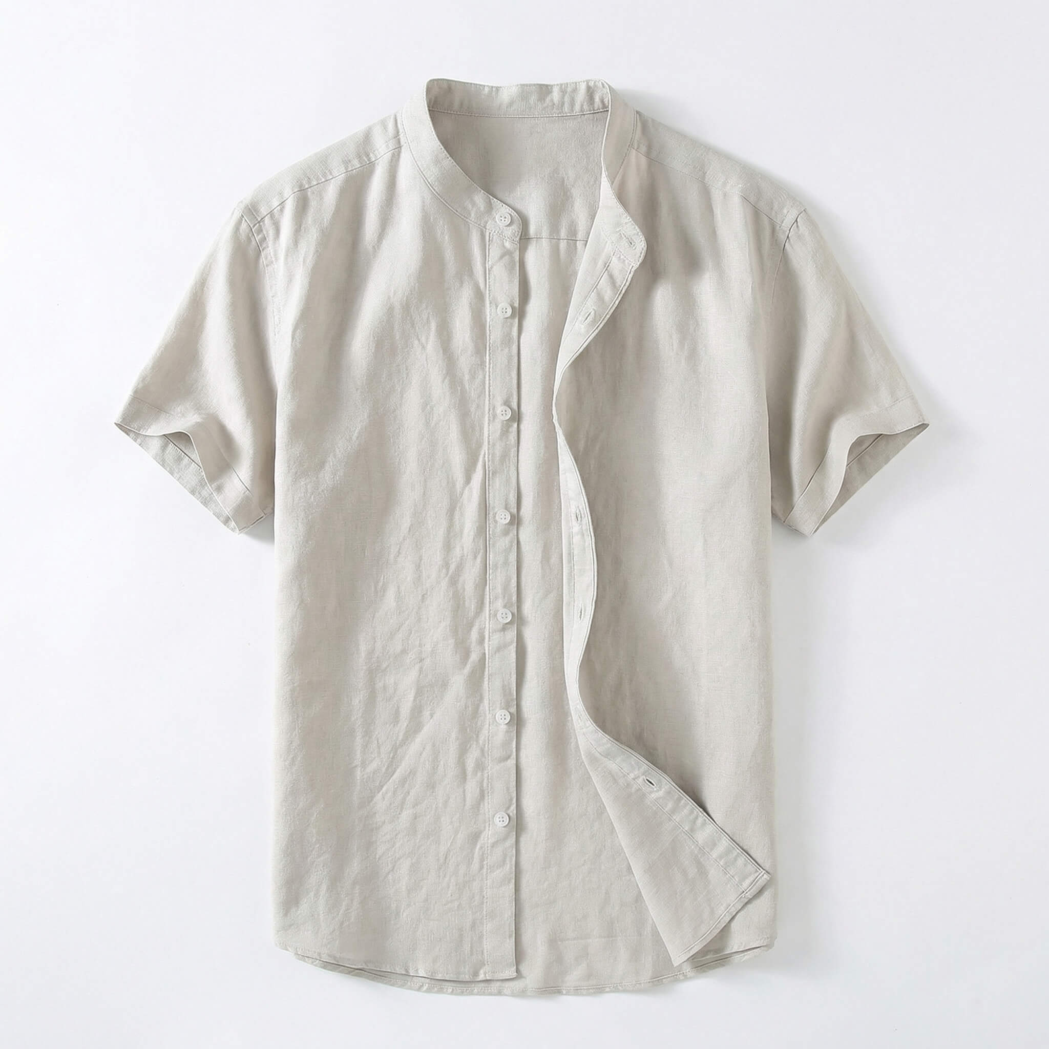 Chemise à col band avec boutons à manches courtes en mélange de lin pour hommes