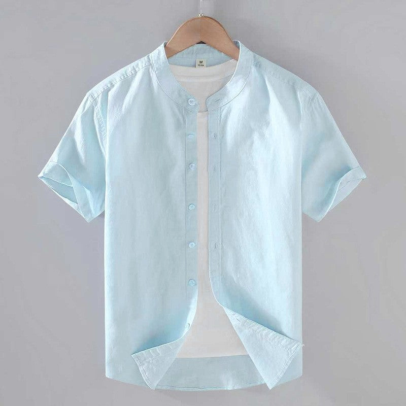 Chemise à col band avec boutons à manches courtes en mélange de lin pour hommes