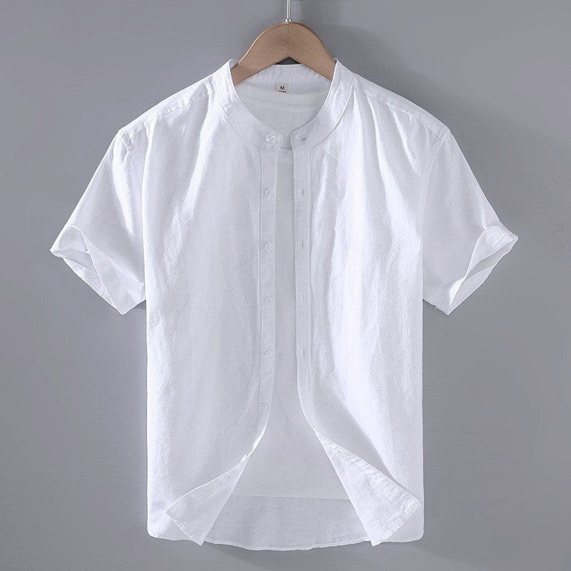 Chemise à col band avec boutons à manches courtes en mélange de lin pour hommes
