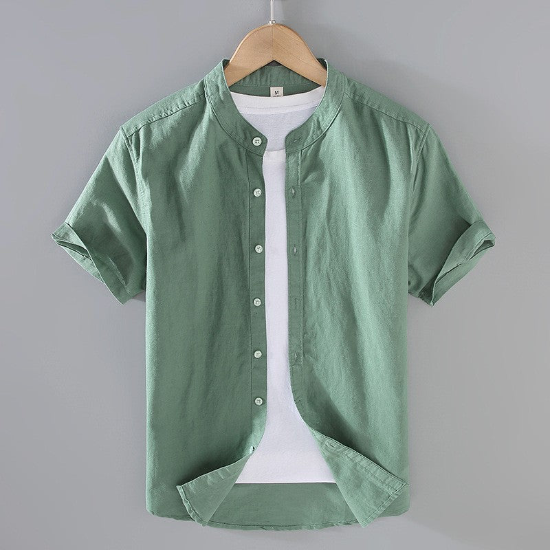 Chemise à col band avec boutons à manches courtes en mélange de lin pour hommes