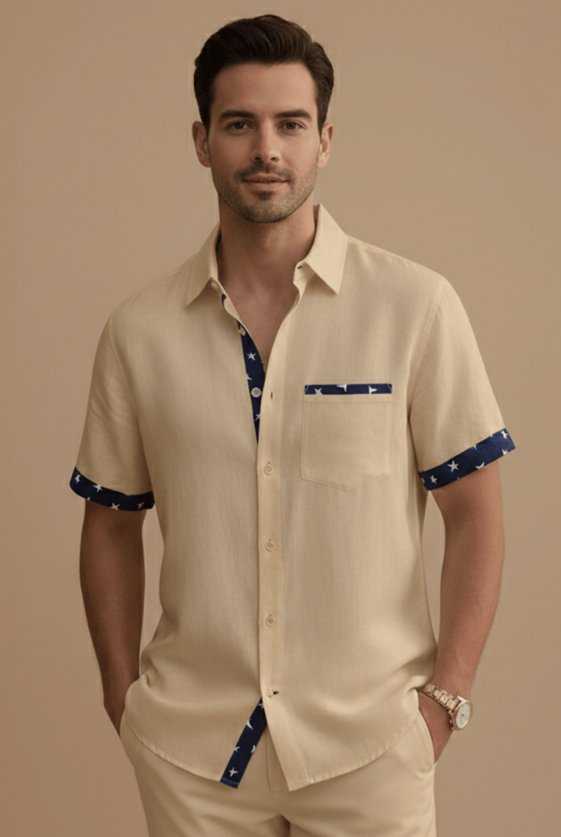 Men’s Short Sleeve Button - Up Shirt with Contrast Trim Details