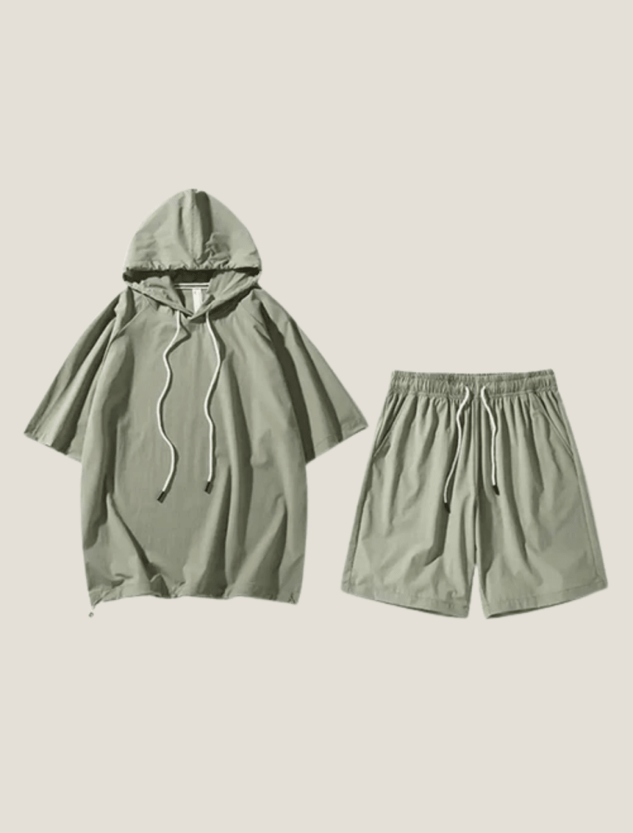 Men's Short Sleeve Hoodie Two Piece Set with Shorts