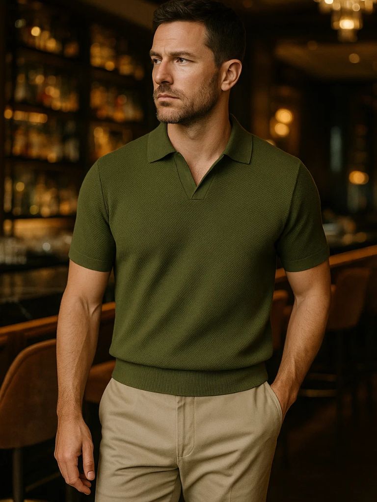 Men’s Short Sleeve Knit Polo Shirt with Collar and Ribbed Hem