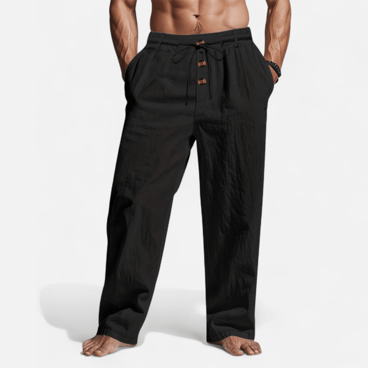 Men’s Straight - Leg Linen Pants with Elastic Waistband, Drawstring, and Button Detail