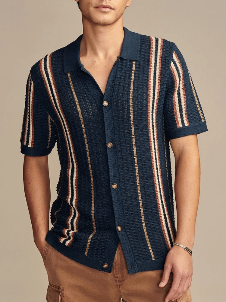 Men's Striped Knit Short Sleeve Polo Button - Up