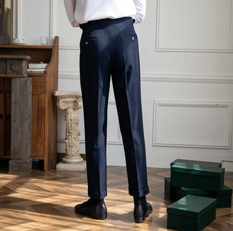 Men’s Tailored Pleated Pants in Deep Navy with Structured Waist and Refined Straight - Leg Silhouette