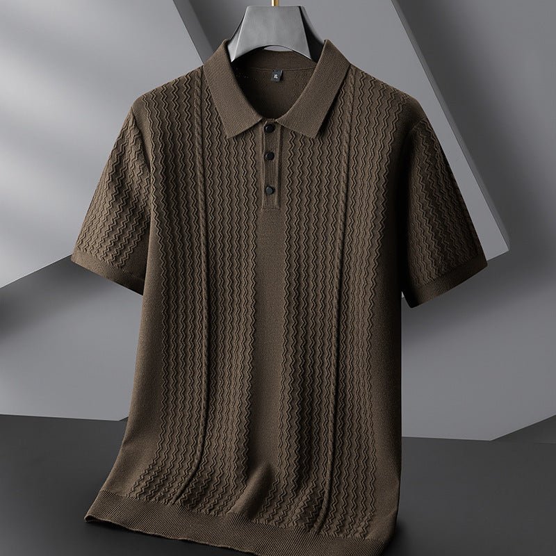Men’s Textured Knit Polo Shirt with Vertical Pattern and Classic Collar