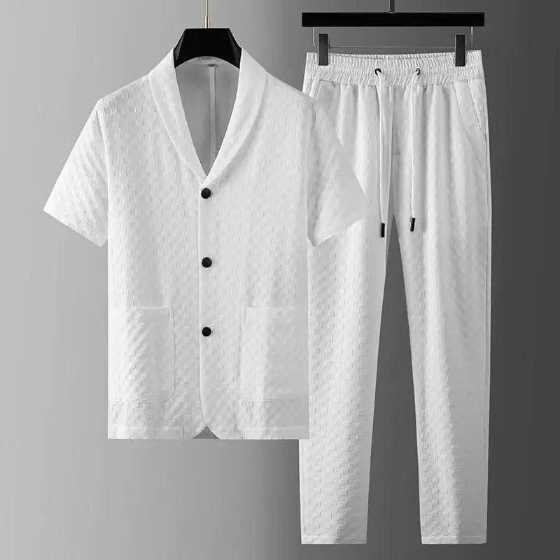 Men's Textured Short Sleeve Shirt - Drawstring Pants Two Piece Set