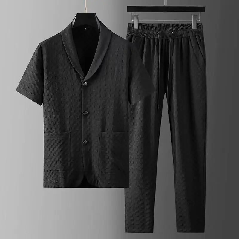 Men's Textured Short Sleeve Shirt - Drawstring Pants Two Piece Set