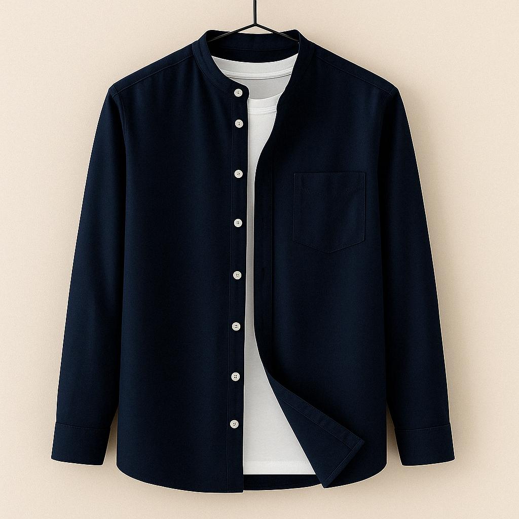 Men's Band Collar Button Down Shirt - Long Sleeve Chest Pocket