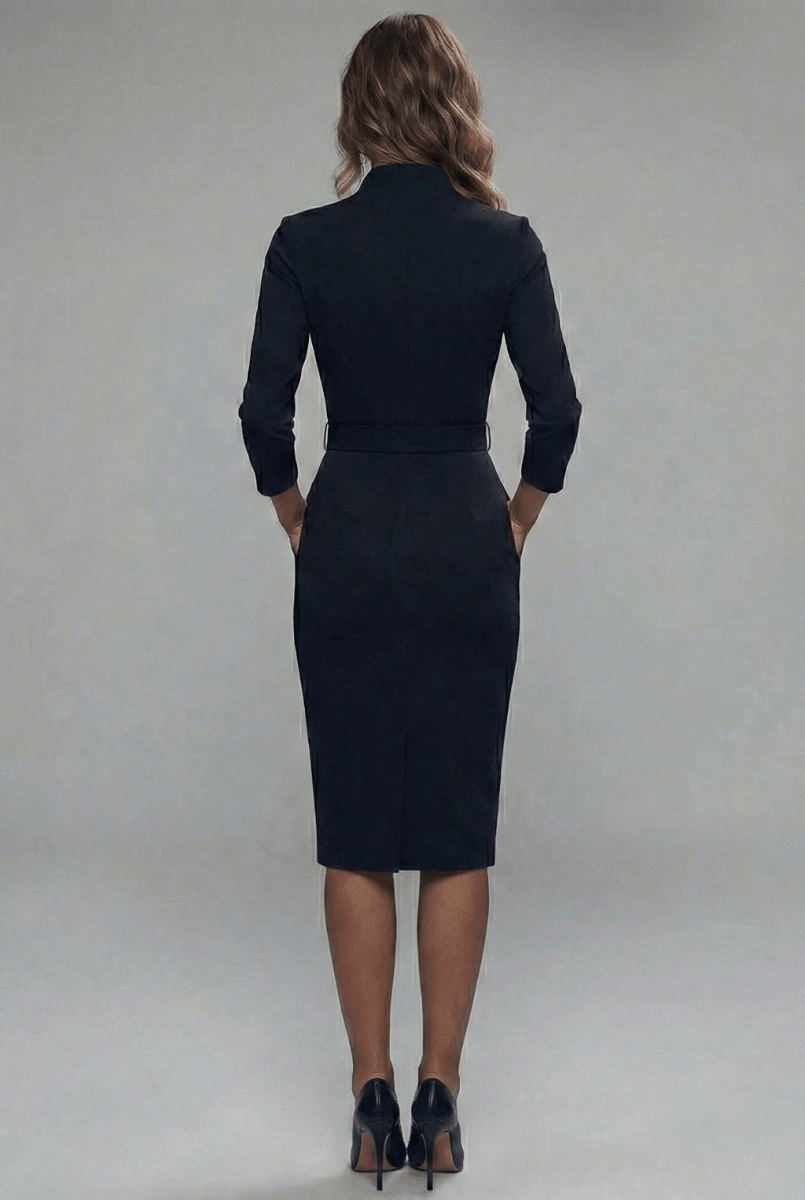 Refined Long Sleeve Midi Dress – Belted Sheath Silhouette for Office and Evening Wear