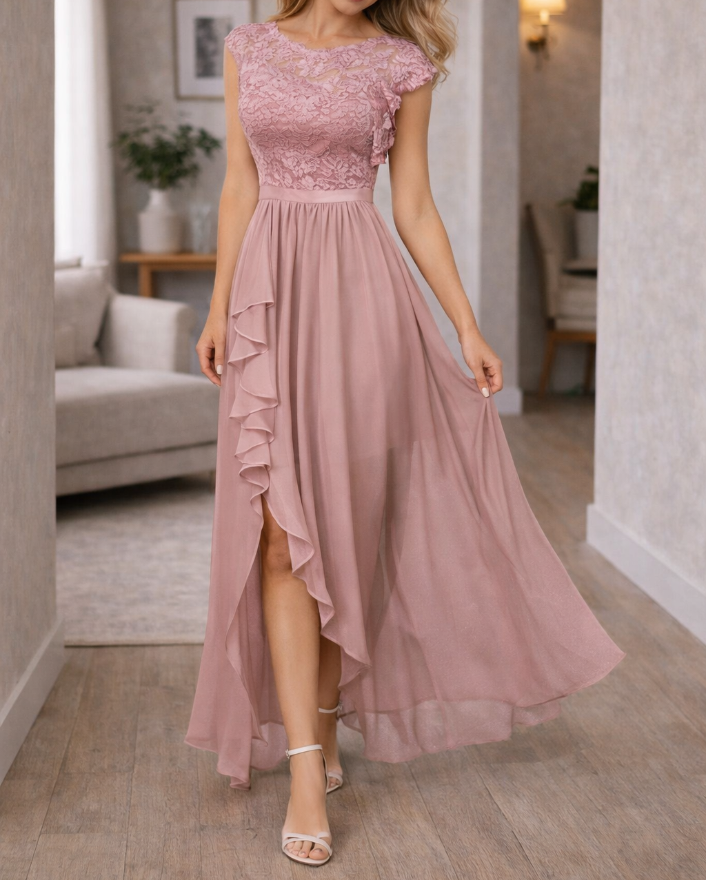 Robe maxi à corsage en dentelle et ourlet asymétrique à volants pour femmes