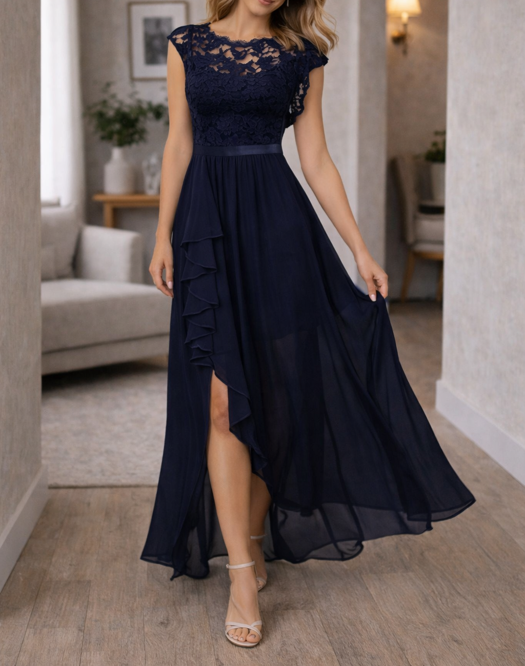 Robe maxi à corsage en dentelle et ourlet asymétrique à volants pour femmes