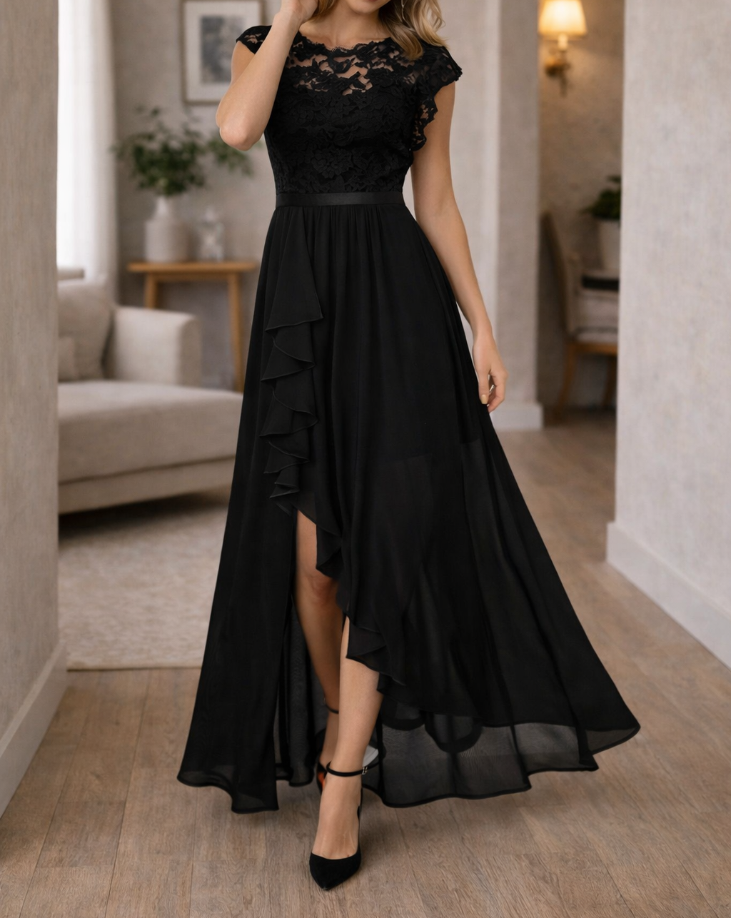 Robe maxi à corsage en dentelle et ourlet asymétrique à volants pour femmes
