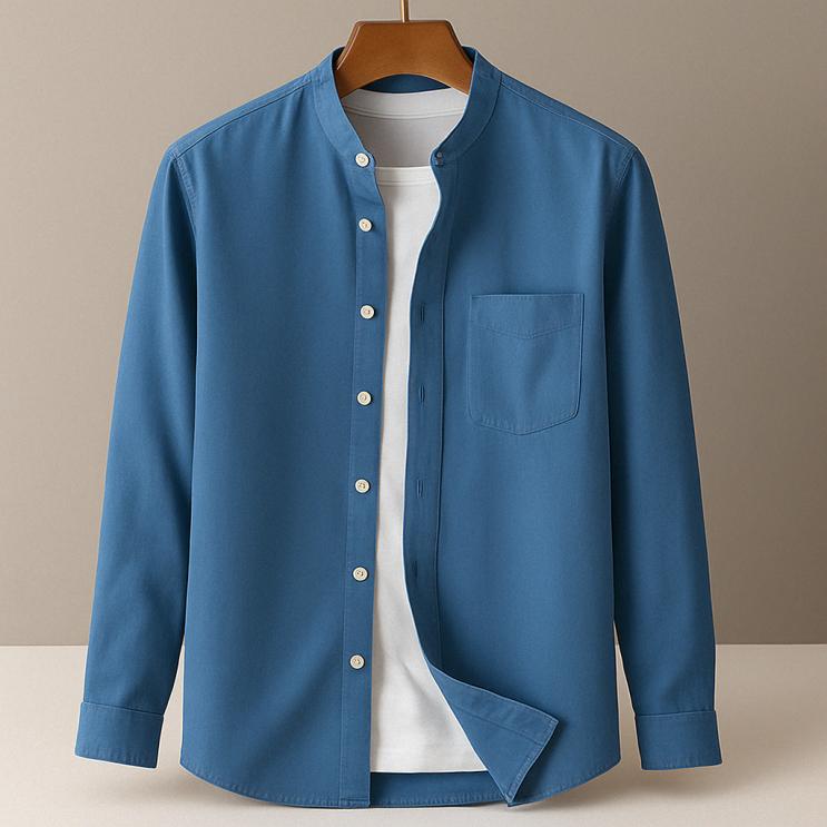 Men's Band Collar Button Down Shirt - Long Sleeve Chest Pocket