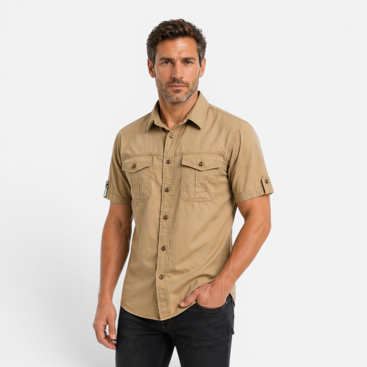 Men's Short Sleeve Utility Shirt - Dual Chest Pockets Roll-Up Tabs