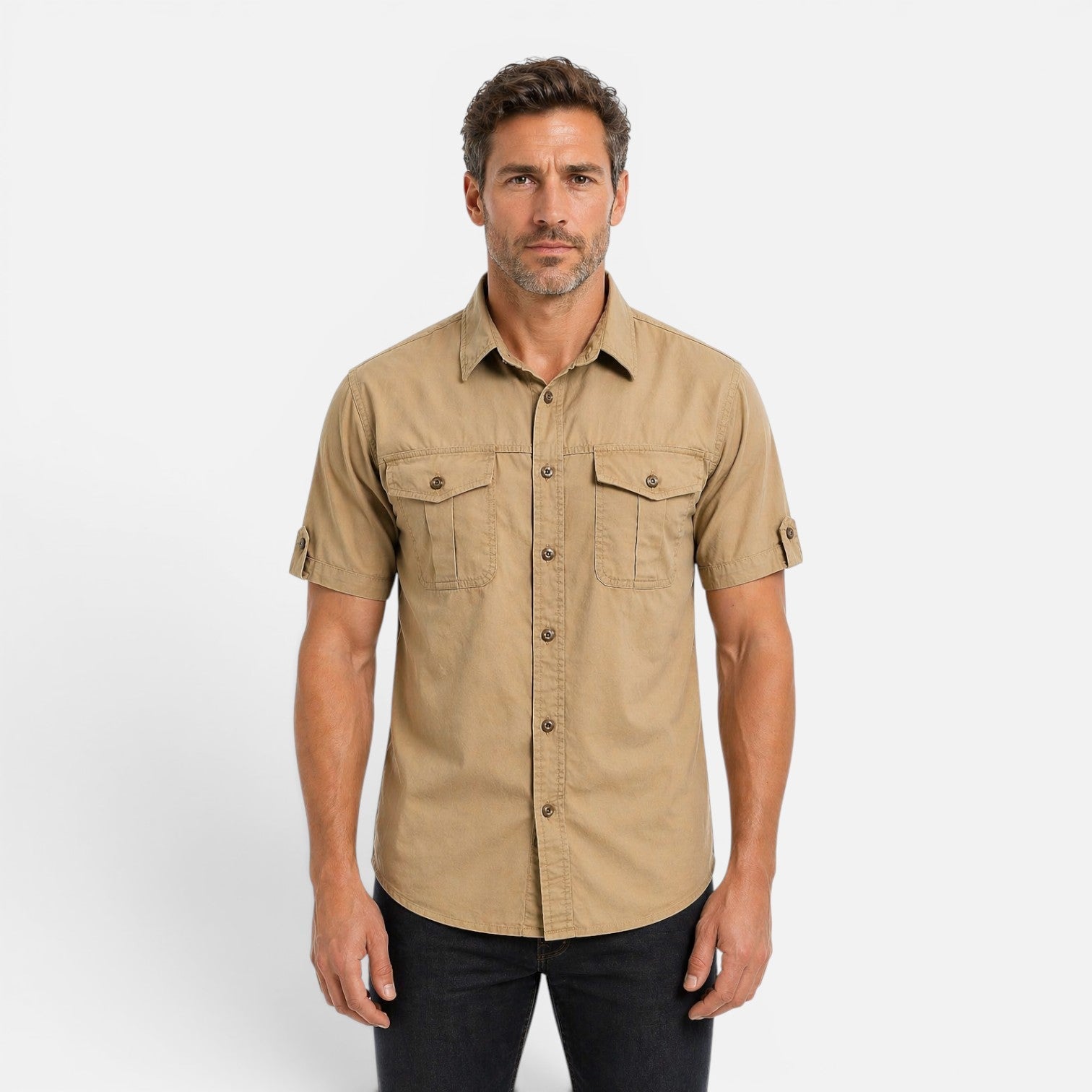 Men's Short Sleeve Utility Shirt - Dual Chest Pockets Roll-Up Tabs