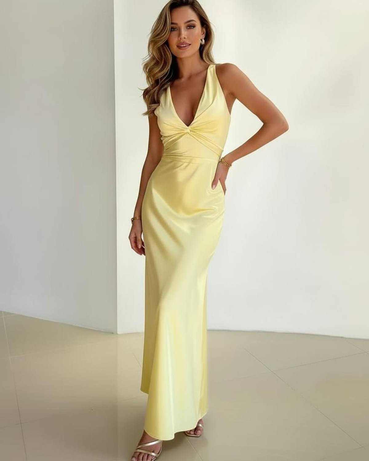 Robe maxi à col en V à dos nu avec détail torsadé pour femmes