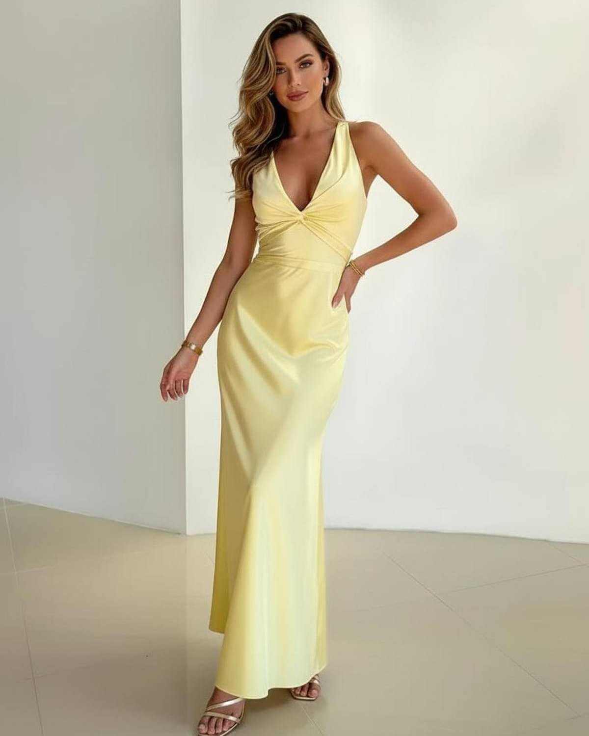Robe maxi à col en V à dos nu avec détail torsadé pour femmes