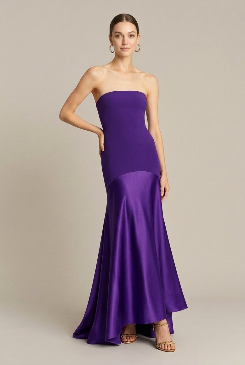 Strapless Drop Waist Maxi Dress – Fitted Bodice with Flared Satin Hem