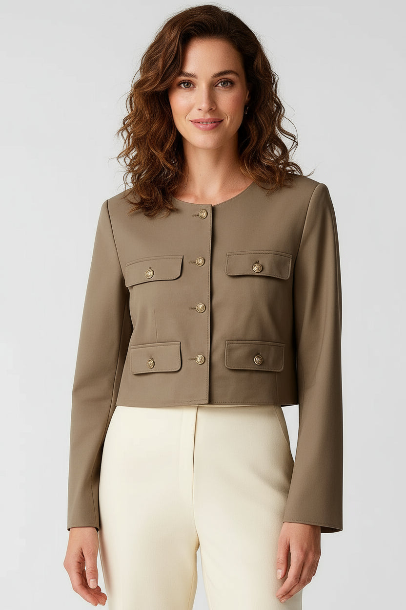 Women’s Taupe Cropped Blazer – Gold Button Detailing and Structured Modern Fit